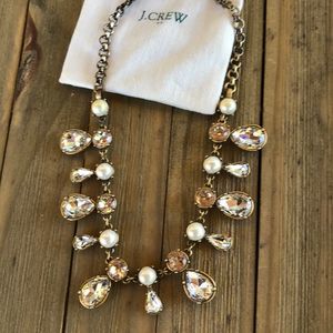 J Crew Chunky Crystal Drop & Faux Antique Gold Tone Pearl Necklace w/ Pouch! GUC